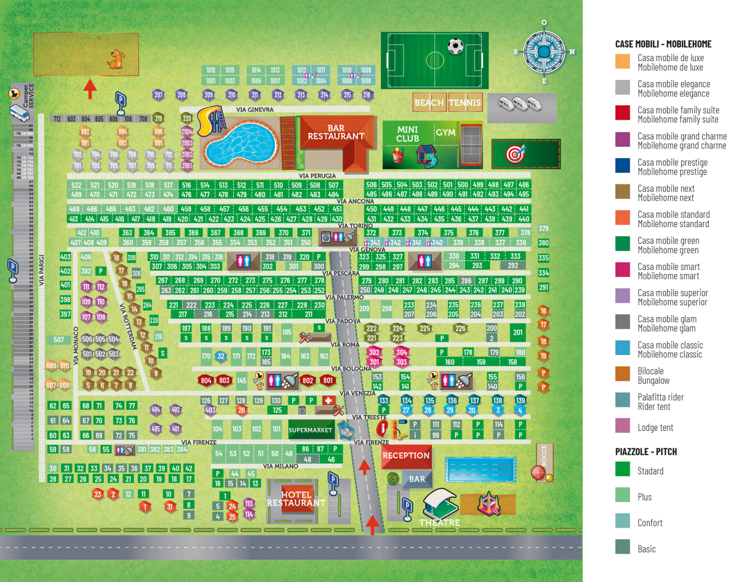 Mappa del campeggio con case mobili, servizi e aree ricreative.