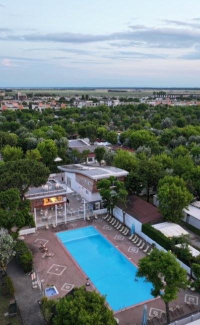 Vista aerea di una piscina circondata da alberi e case.