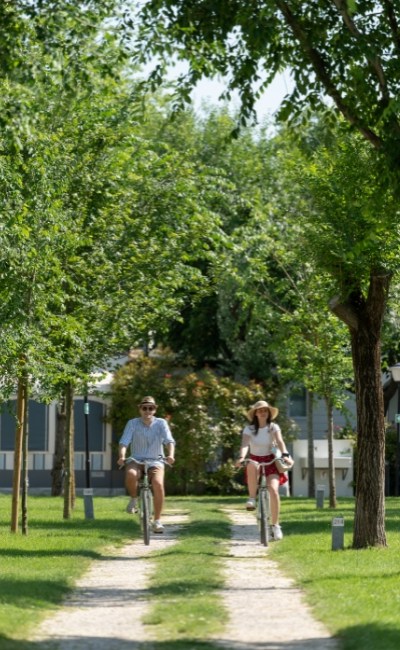 Due persone in bicicletta su un sentiero alberato.