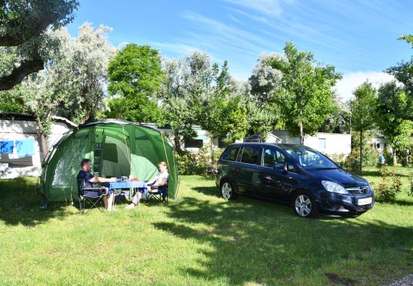 Coppia campeggia con tenda e auto in un'area verde e soleggiata.